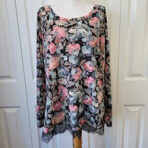 LAUREN CONRAD Tie-Back Lace Hem Long Sleeve Floral Rose Print Top sz XL EUC